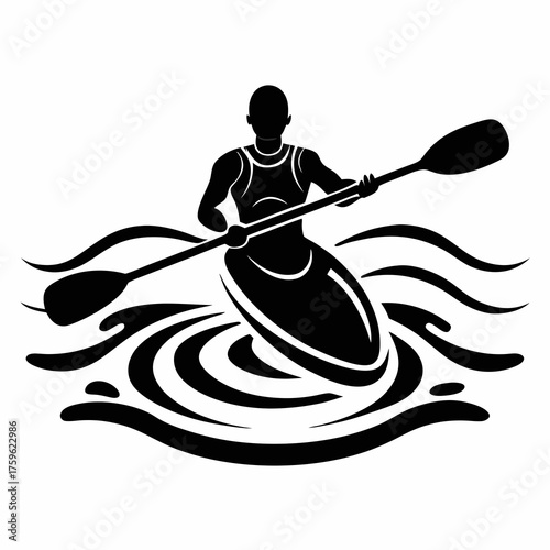 Silhouette of a kayaker paddling through stylized water waves and ripples