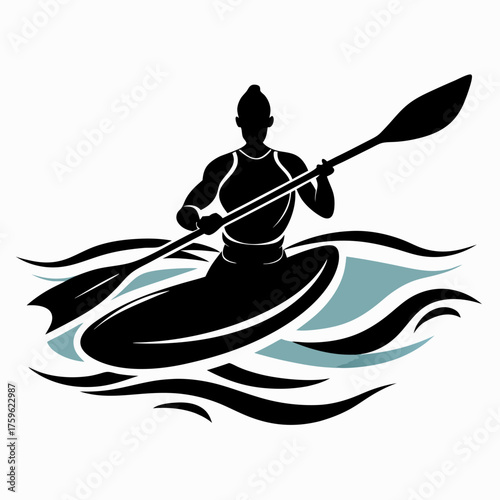 Silhouette of a person kayaking through stylized blue and black waves