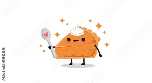 Cute cartoon pumpkin pie slice with whipped cream holding a spoon with a heart.