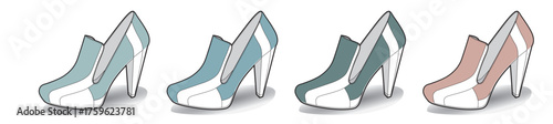 A vibrant collection of stylish women's high-heeled ankle boots in four different color palettes, isolated on a white background as a fashion vector illustration