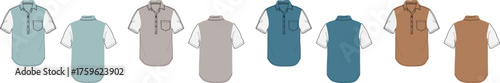 A collection of men's sleeveless longline shirt technical fashion flat sketches. Vector apparel design template with a collar, front placket, and various color options for manufacturing