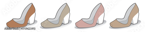 A set of elegant women's high heel pumps with a thick block heel, shown in various nude and pastel color palettes for fashion and style concepts