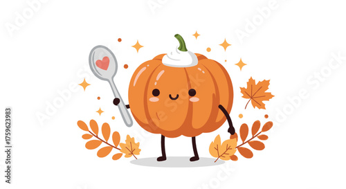 A cute cartoon pumpkin character with whipped cream and a spoon, surrounded by autumn leaves and sparkles.
