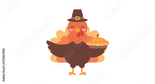 A cheerful cartoon turkey wearing a pilgrim hat, holding a delicious pumpkin pie, ready for Thanksgiving.