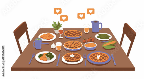 A festive dinner table laden with traditional holiday food like pies and vegetables, with social media like icons floating above.