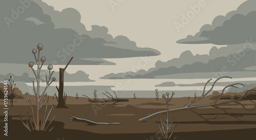 Dry Landscape with Dead Trees and Cloudy Sky Illustration