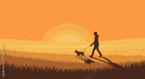 Morning Walk with Dog Under the Golden Sunrise