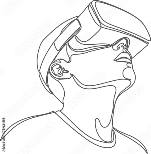 This image shows a person wearing a virtual reality headset. The person is looking up, as if they are immersed in the virtual world. The background is white.