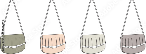 Collection of four pastel colored cross body purses with fringe detail displayed side by side on a white background