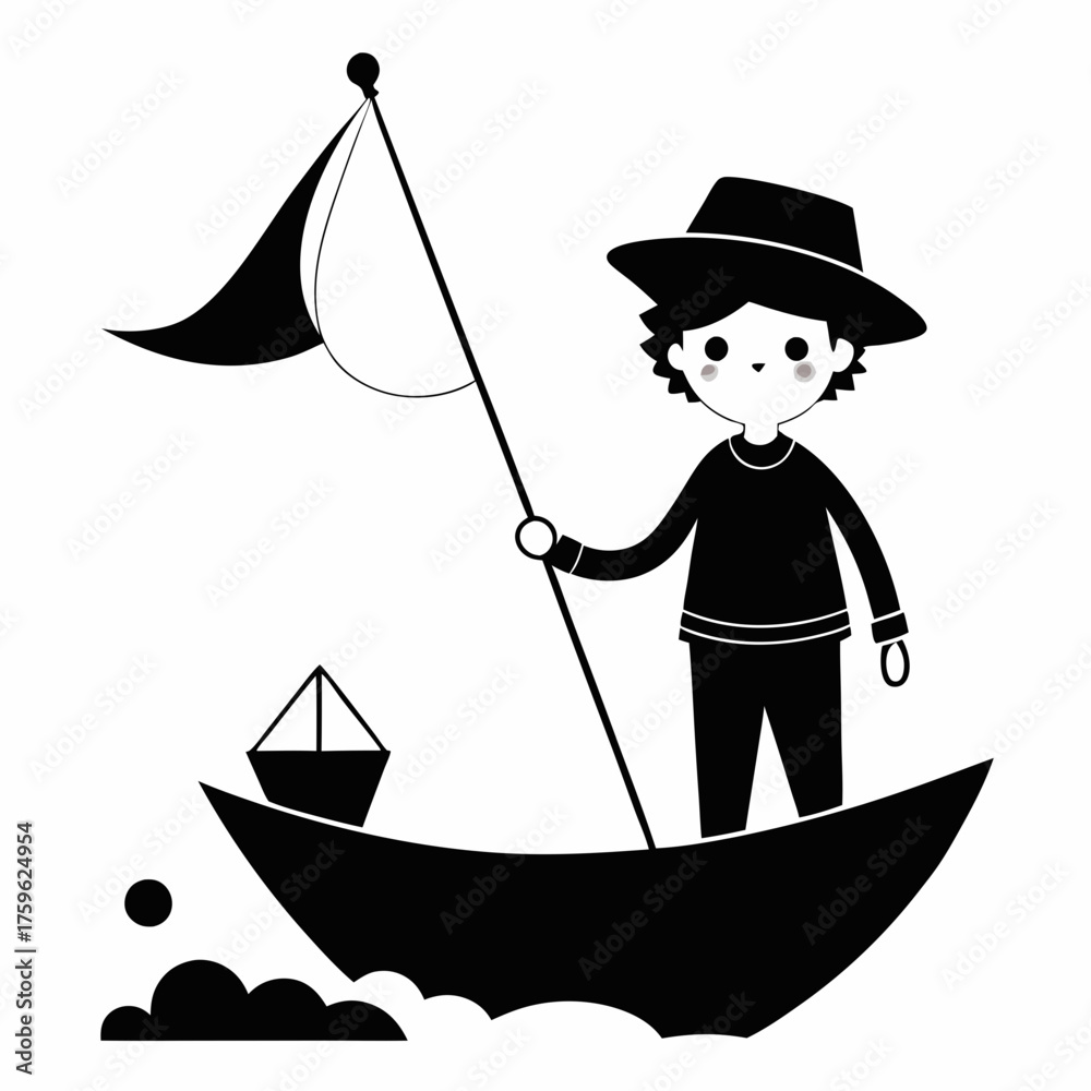 Fototapeta premium Cute cartoon boy in a hat sailing a boat with a flag and a small boat on the deck