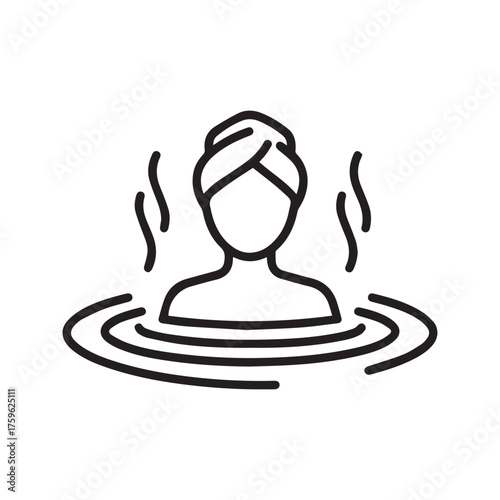 Person relaxing in hot tub spa icon. Symbol of wellness, hydrotherapy, and self-care treatment. Simple line vector for relaxation and beauty.
