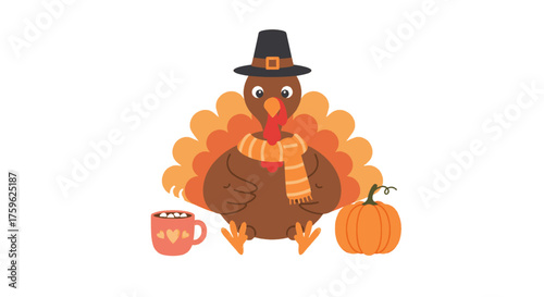 A cute cartoon turkey wearing a pilgrim hat and scarf sits next to a pumpkin and a mug of a hot drink.