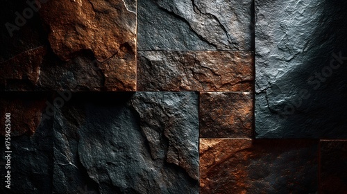 Rough, textured stone wall tiles in warm bronze and cool grey tones.