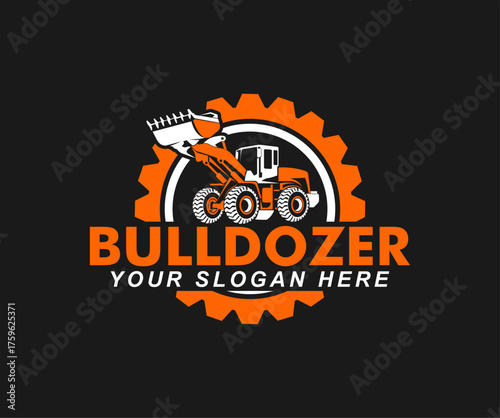 bulldozer logo emblem company construction heavy equipment vector illustration graphic enginering	