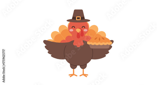 A cute cartoon turkey wearing a pilgrim hat holds a delicious pie for the Thanksgiving holiday celebration.