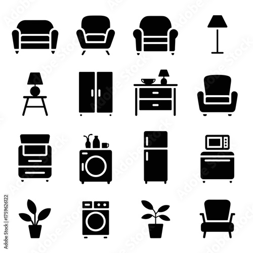 Modern furniture and appliance icons for interior design and home planning