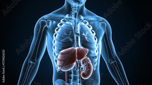 Human Anatomy Illustration: Liver, Kidney, and Skeletal Structure