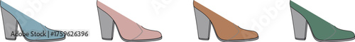 Modern vector illustration of a collection of women's chunky high heel platform mules. A colorful set of fashionable summer footwear