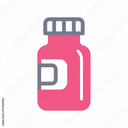 Vibrant pink medicine bottle icon with grey cap, perfect for pharmacy, health, and wellness designs. Graphic representation of daily supplement preparation, symbolizing care essentials