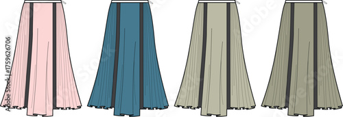 Four different colored pleated skirts displayed in a row, each with subtle vertical stripe details