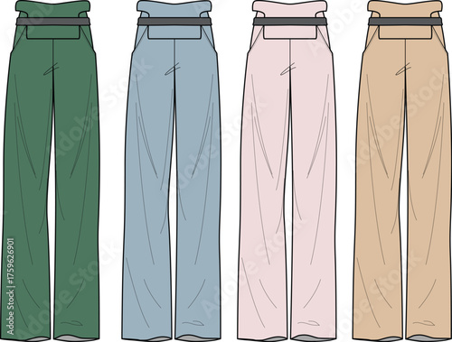 Four different colored fashion pants with a modern design, presented in a flat illustration