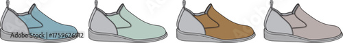Collection of four casual slip-on shoes in different pastel colors on a white background