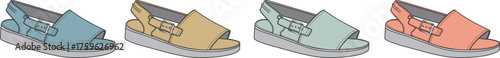 A set of four colorful women's casual summer sandals with open toes and slingback straps, isolated on a white background