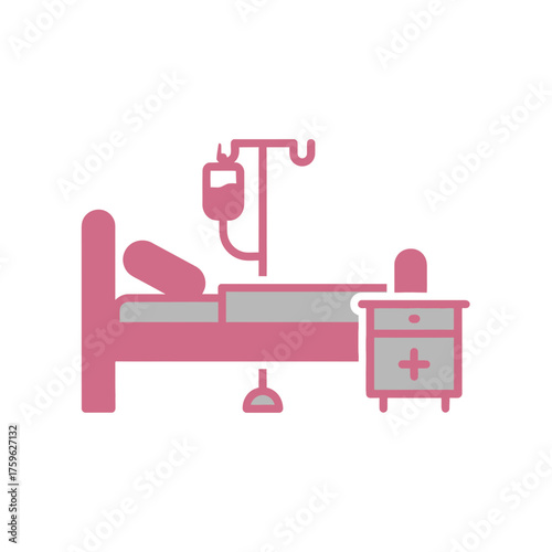Hospital bed with IV drip and nightstand, isolated on green screen background, medical concept