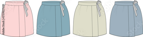 Four colorful skirts arranged in a row pink, teal, cream, and light blue, each with a simple design