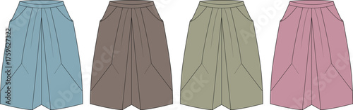 Collection of Four Pleated Skirts in Different Colors Blue, Brown, Green, and Pink