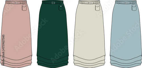 Collection of colorful long maxi skirts with belt and pocket detail. Fashion flat vector illustration for apparel design