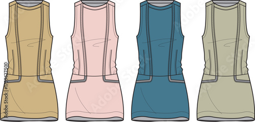 Vector fashion design template of a women's sleeveless dress with side panels and pockets, presented in a colorful set for apparel mock-ups