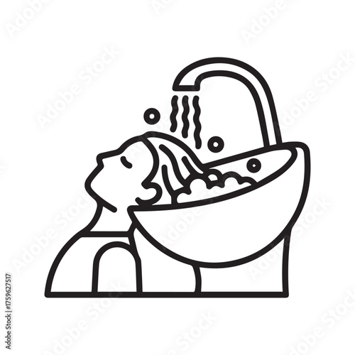 Hair washing at salon sink icon. Woman rinsing hair, beauty treatment symbol. Vector for hairdresser, shampoo, and spa services.
