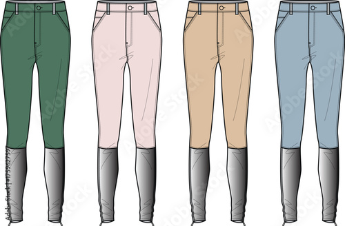 A collection of women's equestrian riding breeches in four different colors, shown as a flat vector technical illustration for apparel design