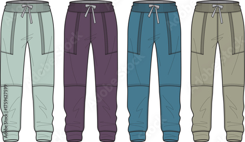 Collection of four colorful flat vector illustrations showcasing comfortable and trendy jogger pants with elastic waistbands and practical pockets, ideal for sportswear and leisure apparel designs
