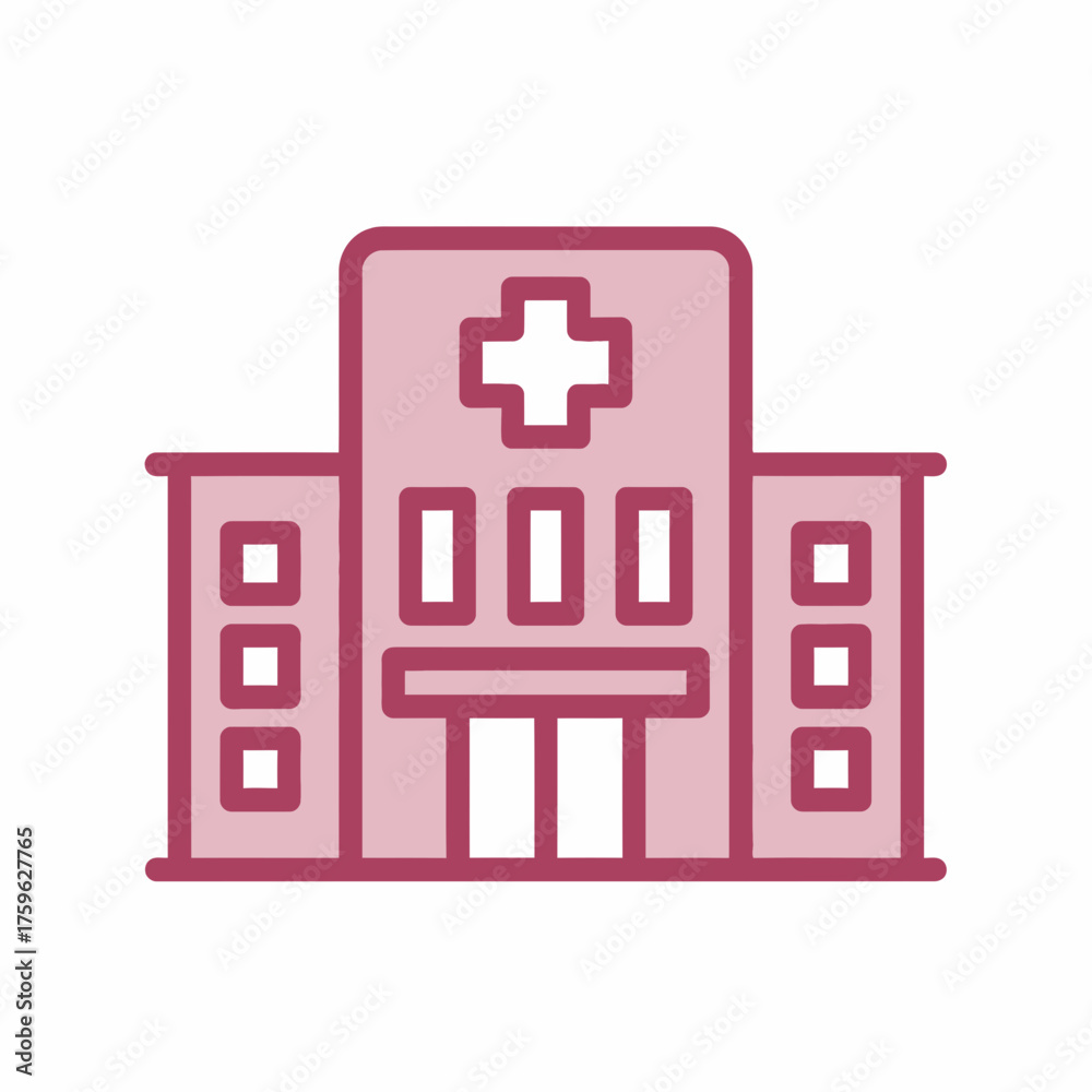 Obraz premium Hospital building icon, medical facility symbol, healthcare clinic illustration, red outline icon on white background