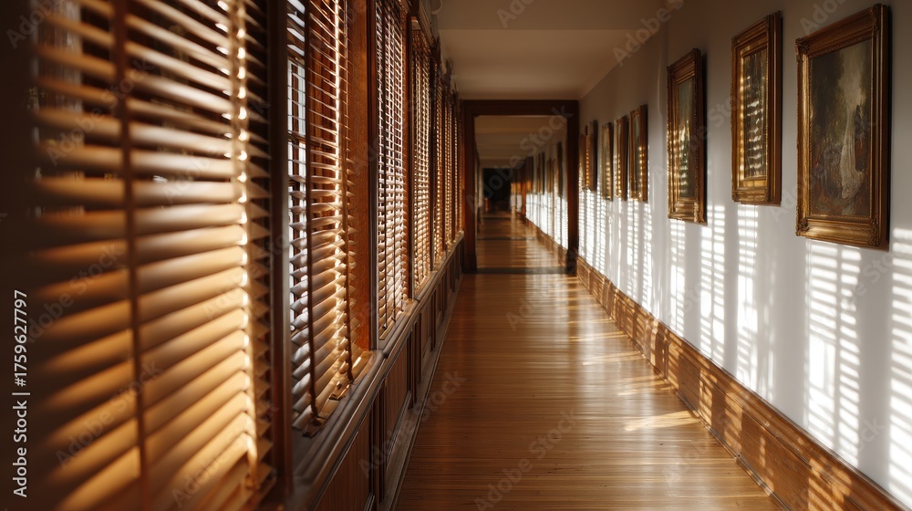 Obraz premium Hallway with wooden floors and walls and paintings hanging on the walls.