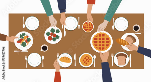 Top-down vector illustration of a group of people sharing a communal meal at a long dining table.