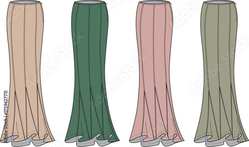 Elegant Fashion Illustration Showcase of Four Colorful Flared Skirts in Various Shades for a Stylish Look