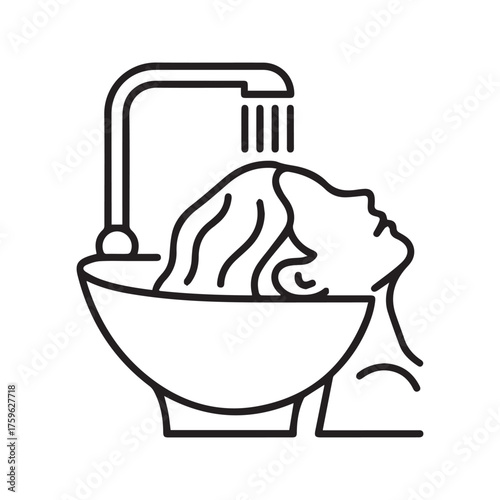 Hair washing at salon sink icon. Woman rinsing hair, beauty treatment symbol. Vector for hairdresser, shampoo, and spa services.
