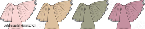 Four flowing draped garments in various pastel colors, showcasing elegant and ethereal design elements