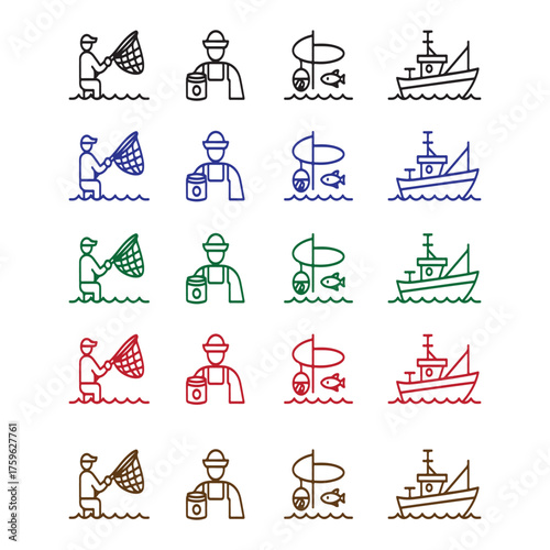 Collection of simple fishing icons depicting a fisherman with a net, bait bucket, and fishing boat in various colors.