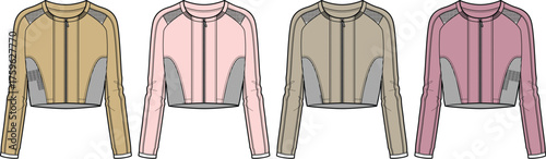 Fashionable cropped athletic jackets with stylish contrasting panels and zipper details, presented in four appealing color variations for versatile styling options