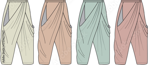 Contemporary women's loose-fit pants with stylish draped pocket details, presented in four distinct colorways for versatile fashion design and apparel illustration