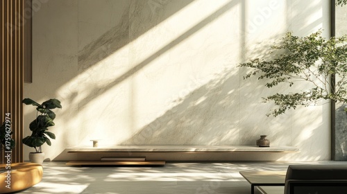 Modern minimalist interior, natural light, zen space, peaceful atmosphere, stock photo