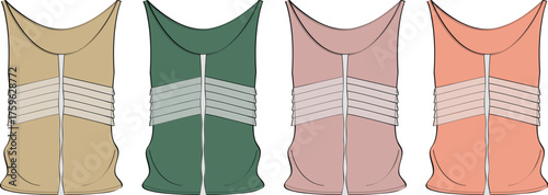 Set of four modern sleeveless vests in different color palettes. Vector illustration of a gilet or life jacket for fashion, sport, and safety concepts