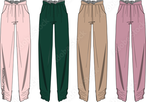 Set of fashion technical flat sketches showing women's casual trousers with an elastic drawstring waist and gathered ruched ankle cuffs in four color variations