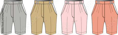 Collection of men's casual pleated shorts vector illustrations in a range of light colors, ideal for summer fashion design, apparel templates, and comfortable modern style concepts