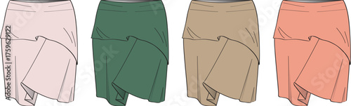 Fashion garment design illustrations showing different skirt color variations and fabric styles