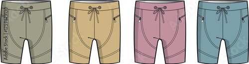 Versatile men's casual shorts collection, showcasing different color options for sportswear and relaxed everyday fashion, with practical details like drawstrings and zipper pockets